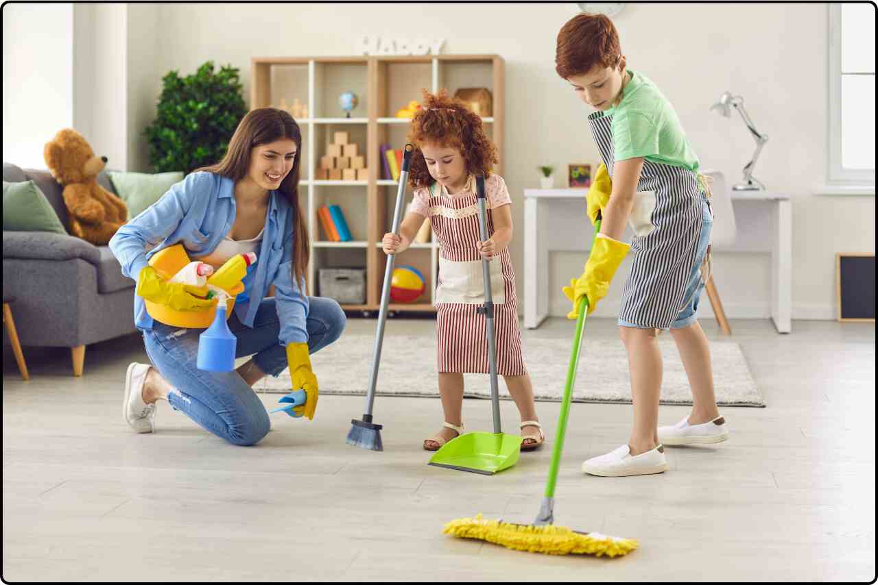 Children helping parents cleaning the living room together, using a vacuum and dusting.